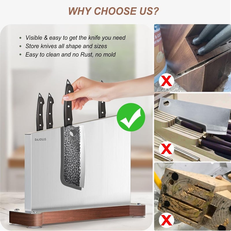DAJOUJS Large Magnetic Knife Block Holder Without Knives for Kitchen Counter, Stainless Steel Material Magnetic Knife Storage Stand Rack with Strong Double Sided Magnet and Wood Base - 16.15 x 11 Inches - Image 3
